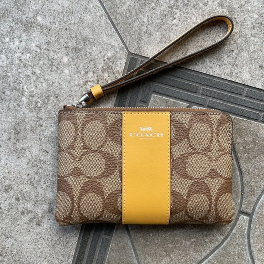 COACH Signature PVC Leather Corner Zip Wristlet